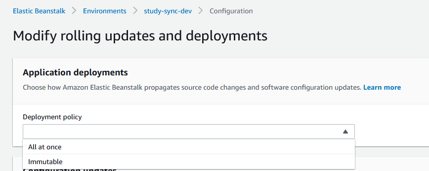 AWS Console screen showing deployment policy selection drop down