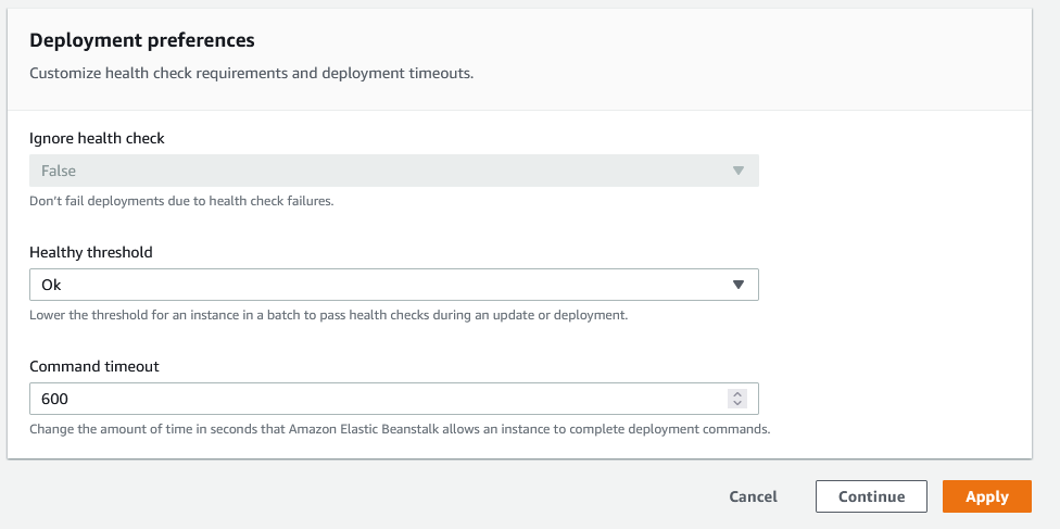 AWS Console page showing configuration options for setting health check and timeout thresholds.