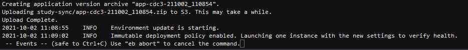 Terminal output from running eb deploy that shows a successful Immutable deployment setup.