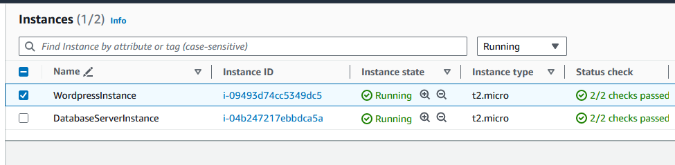 AWS Console showing a list of running EC2 instances