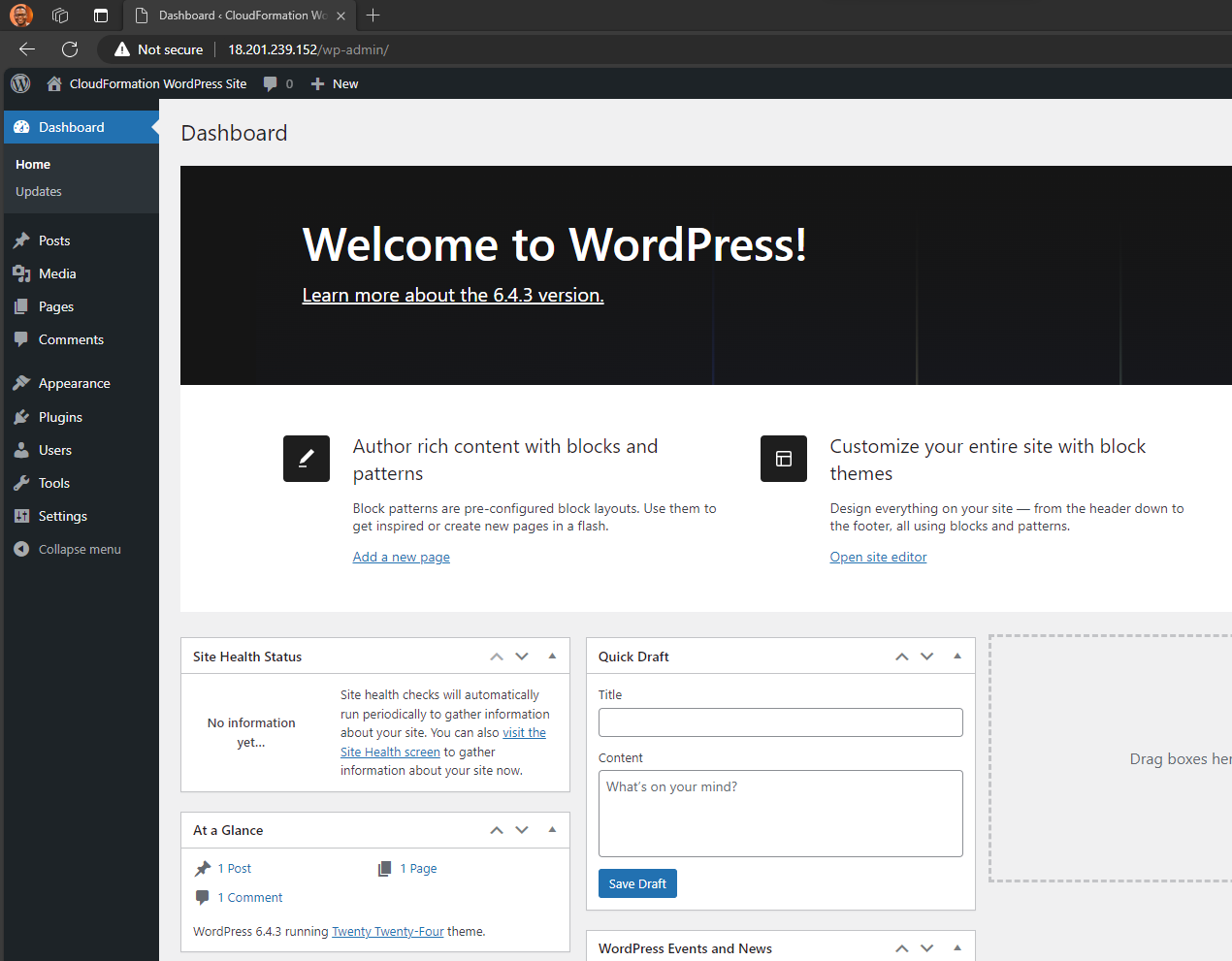 Wordpress default dashboard screen