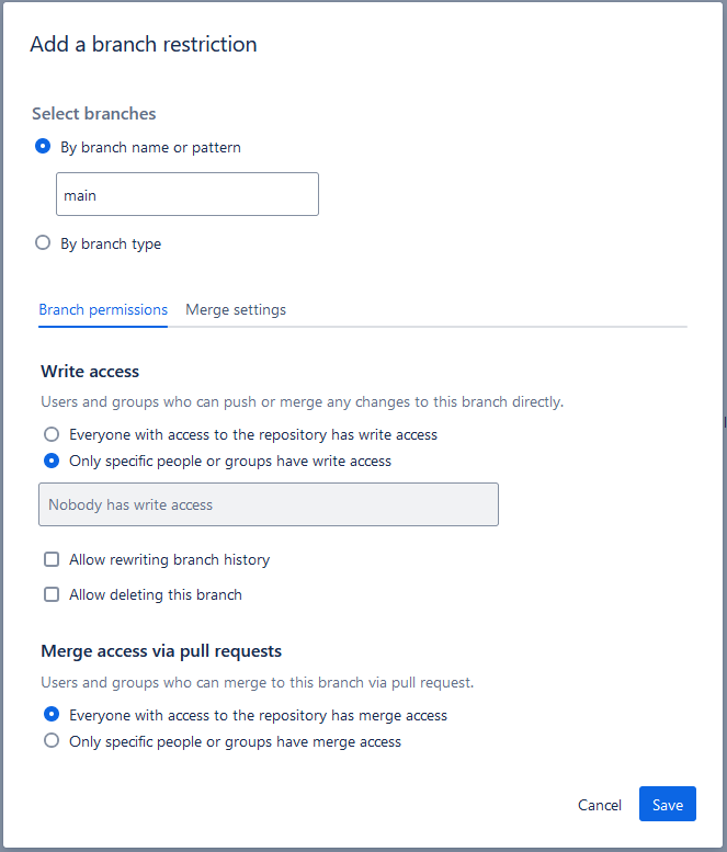 Add branch restriction dialog