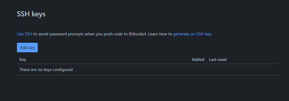 Bitbucket Add SSH key menu