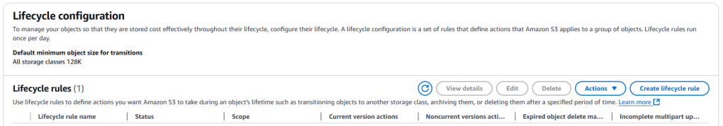 AWS S3 lifecycle configuration page