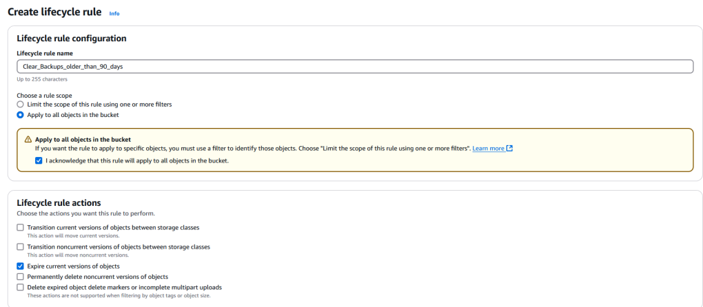 AWS S3 create lifecycle rule menue