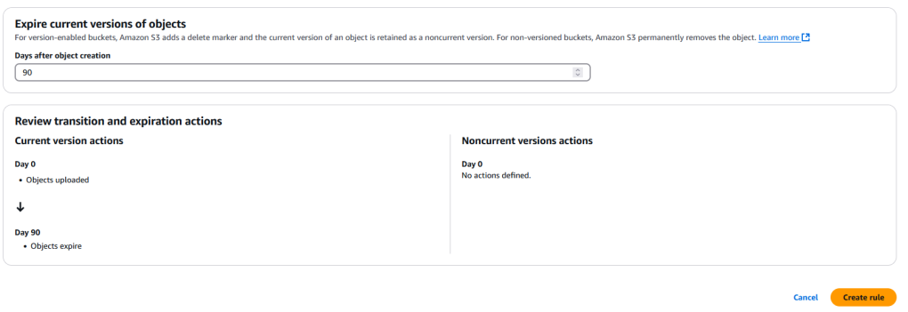 AWS S3 expire current versions of objects menu