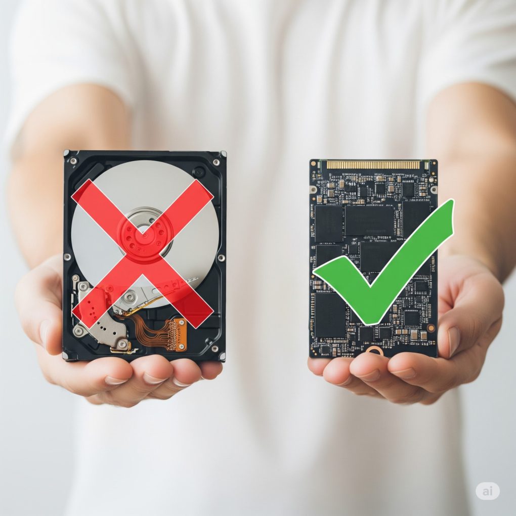 image showing a person holding two computer storage devices in their outstretched hands. In their left hand, they hold a 3.5-inch internal HDD, with a big red 'X' overlaid on it, showing the internal platters and actuator arm . In their right hand, they hold a 2.5-inch SATA SSD, with a green checkmark overlaid on it, clearly showing the circuit board and the chips. The background is plain white.