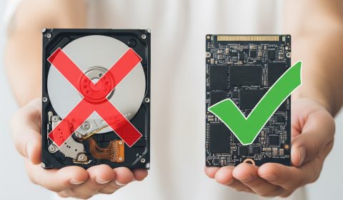 image showing a person holding two computer storage devices in their outstretched hands. In their left hand, they hold a 3.5-inch internal HDD, with a big red 'X' overlaid on it, showing the internal platters and actuator arm . In their right hand, they hold a 2.5-inch SATA SSD, with a green checkmark overlaid on it, clearly showing the circuit board and the chips. The background is plain white.