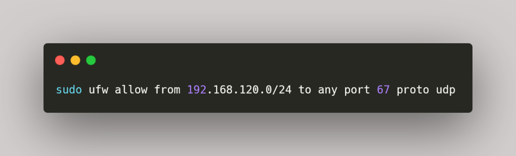 sudo ufw allow from 192.168.120.0/24 to any port 67 proto udp