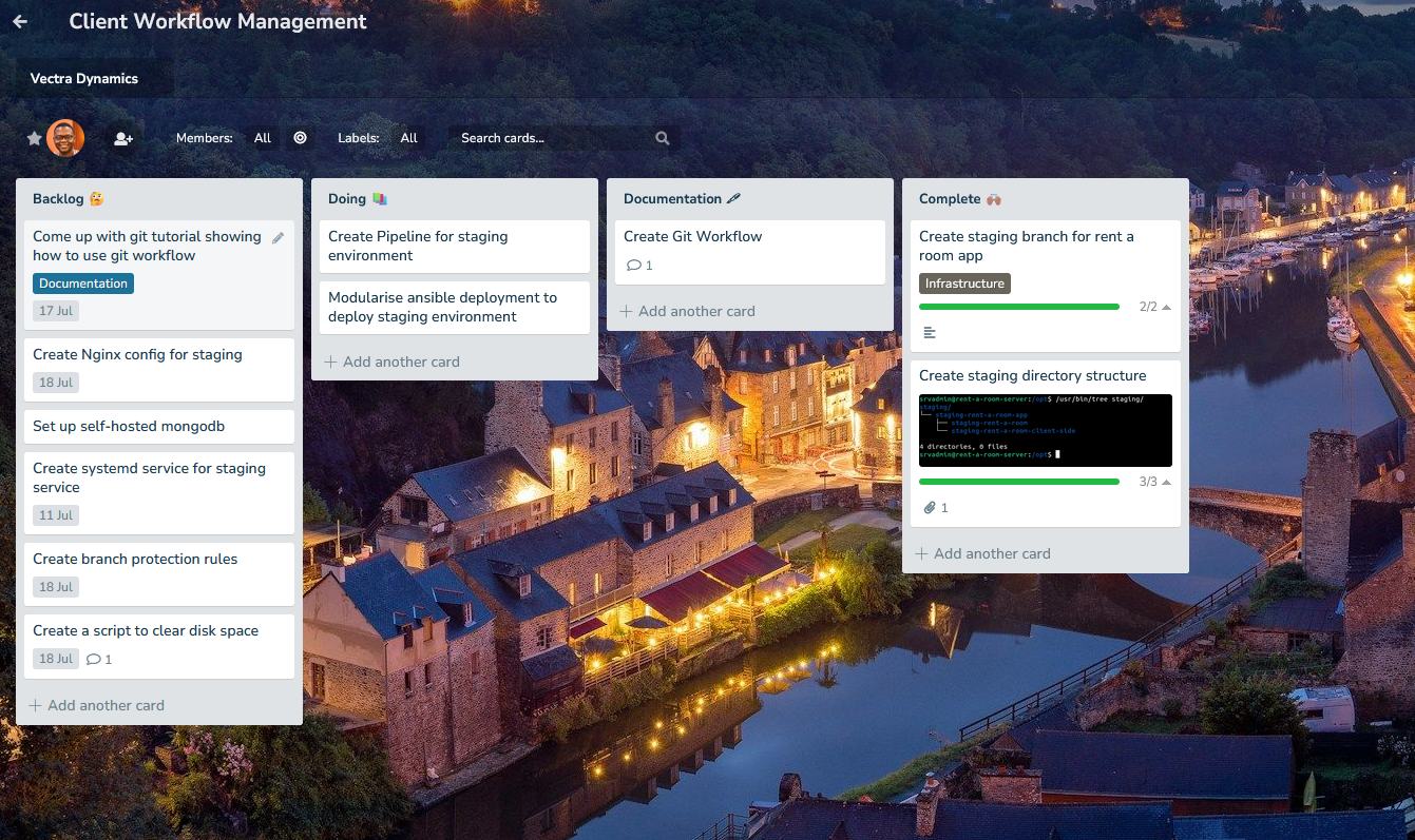Planka board set against an image background of a scenic European town. The board is categorised into five columns. From left to right, the columns are
Backlog, Doing, Documentation and Complete